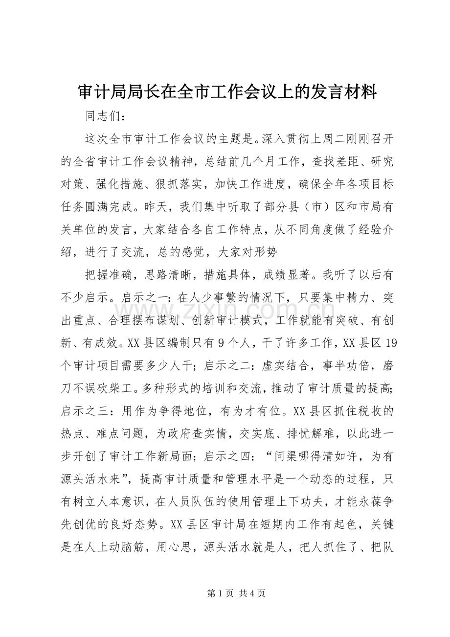 审计局局长在全市工作会议上的发言材料提纲.docx_第1页