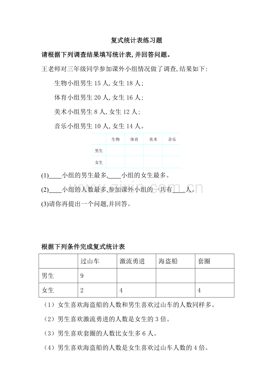 人教2011版小学数学三年级复式统计表练习题.doc_第1页