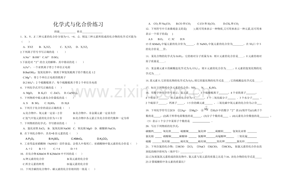 化学式与化合价练习.doc_第1页