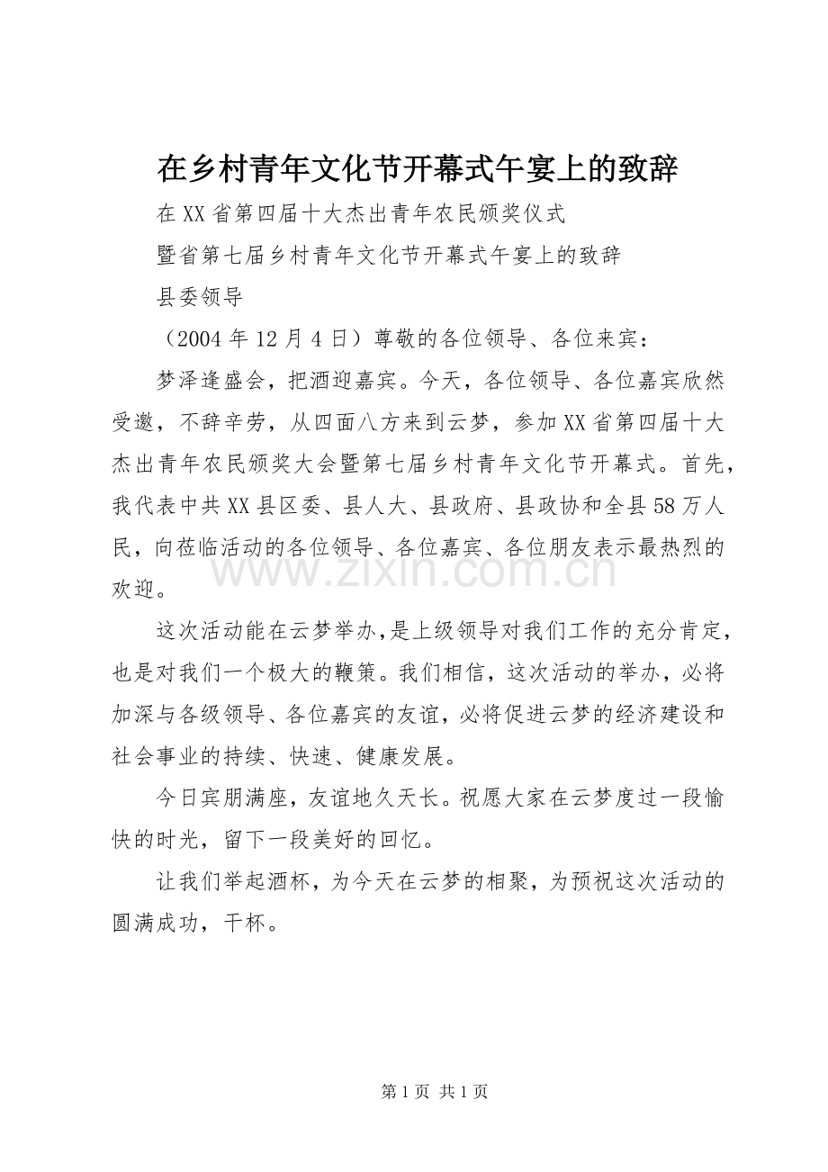 在乡村青年文化节开幕式午宴上的致辞.docx_第1页