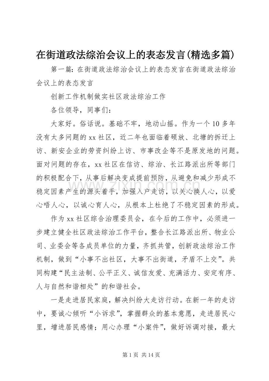 在街道政法综治会议上的表态发言稿(多篇).docx_第1页