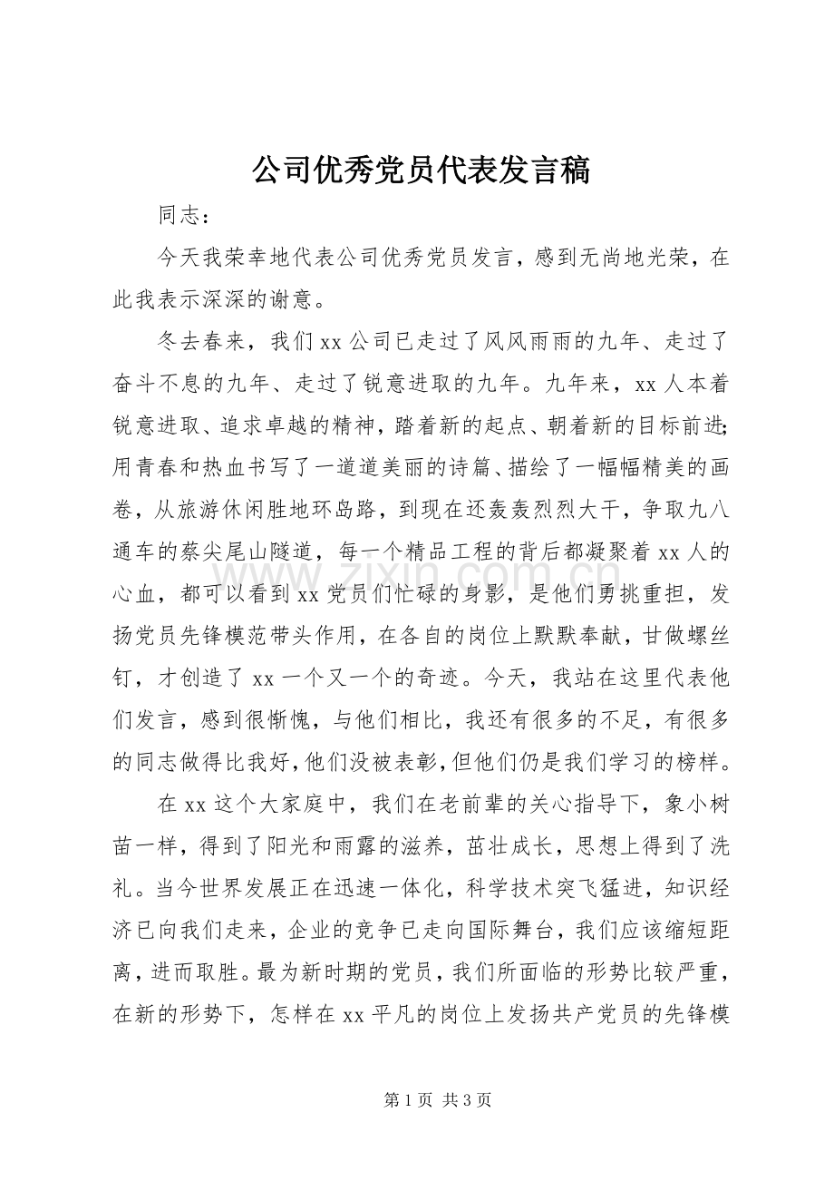 公司优秀党员代表发言稿范文 (2).docx_第1页