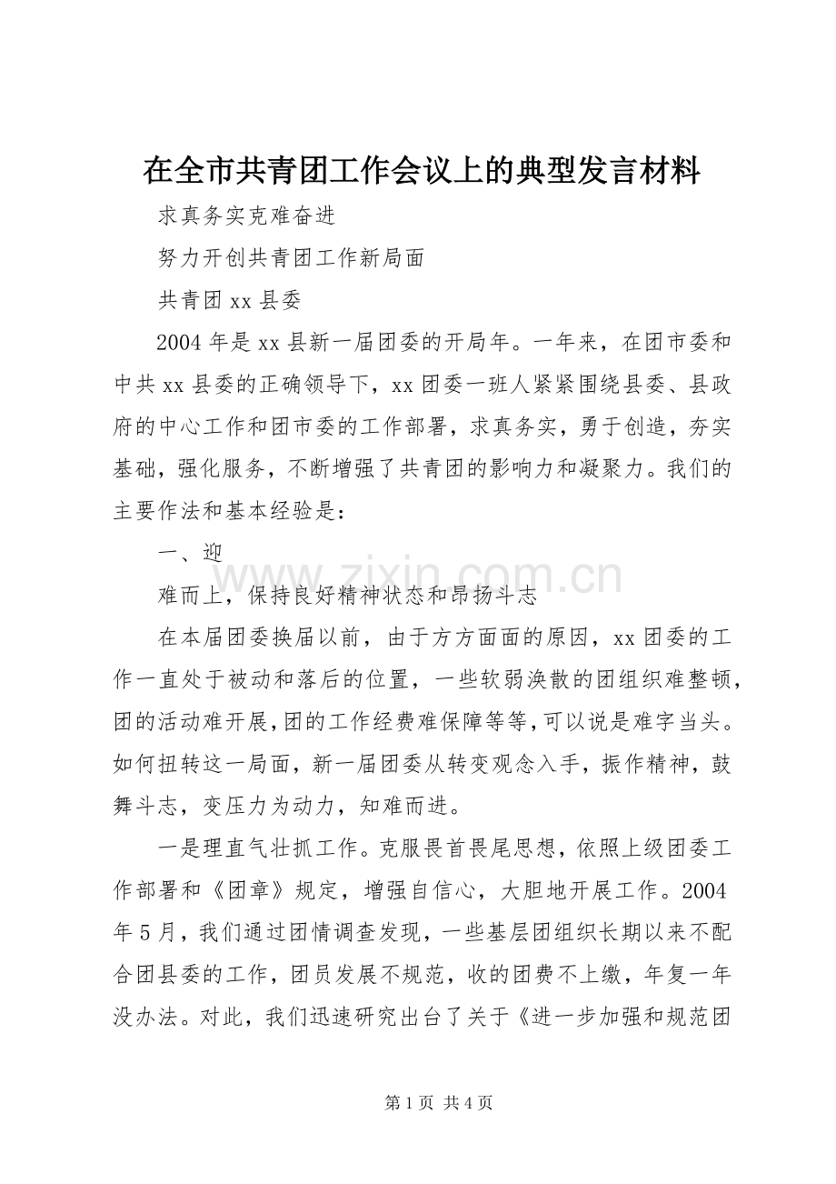 在全市共青团工作会议上的典型发言材料提纲范文.docx_第1页