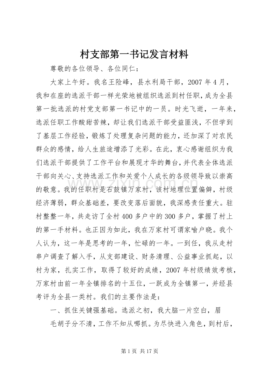 村支部第一书记发言材料提纲.docx_第1页