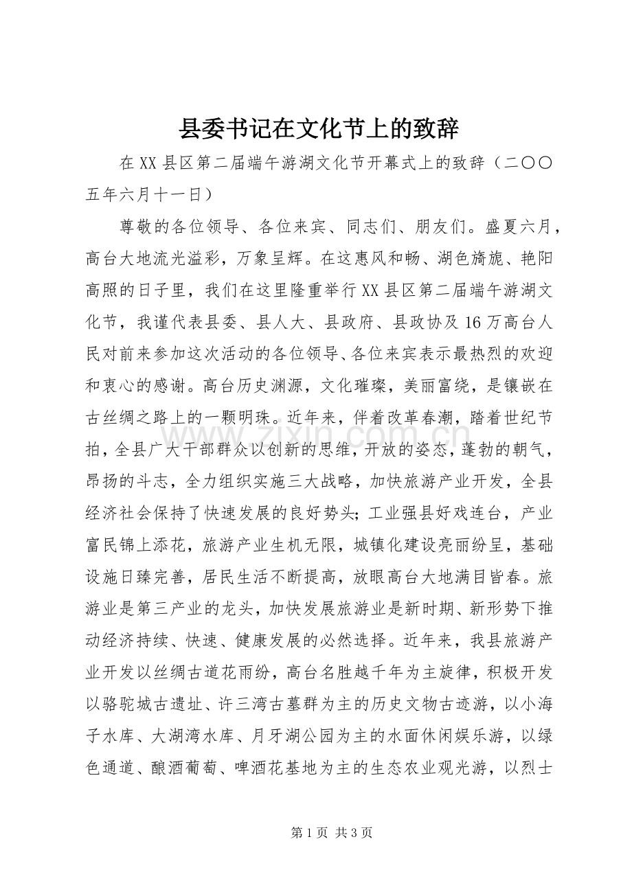 县委书记在文化节上的演讲致辞.docx_第1页