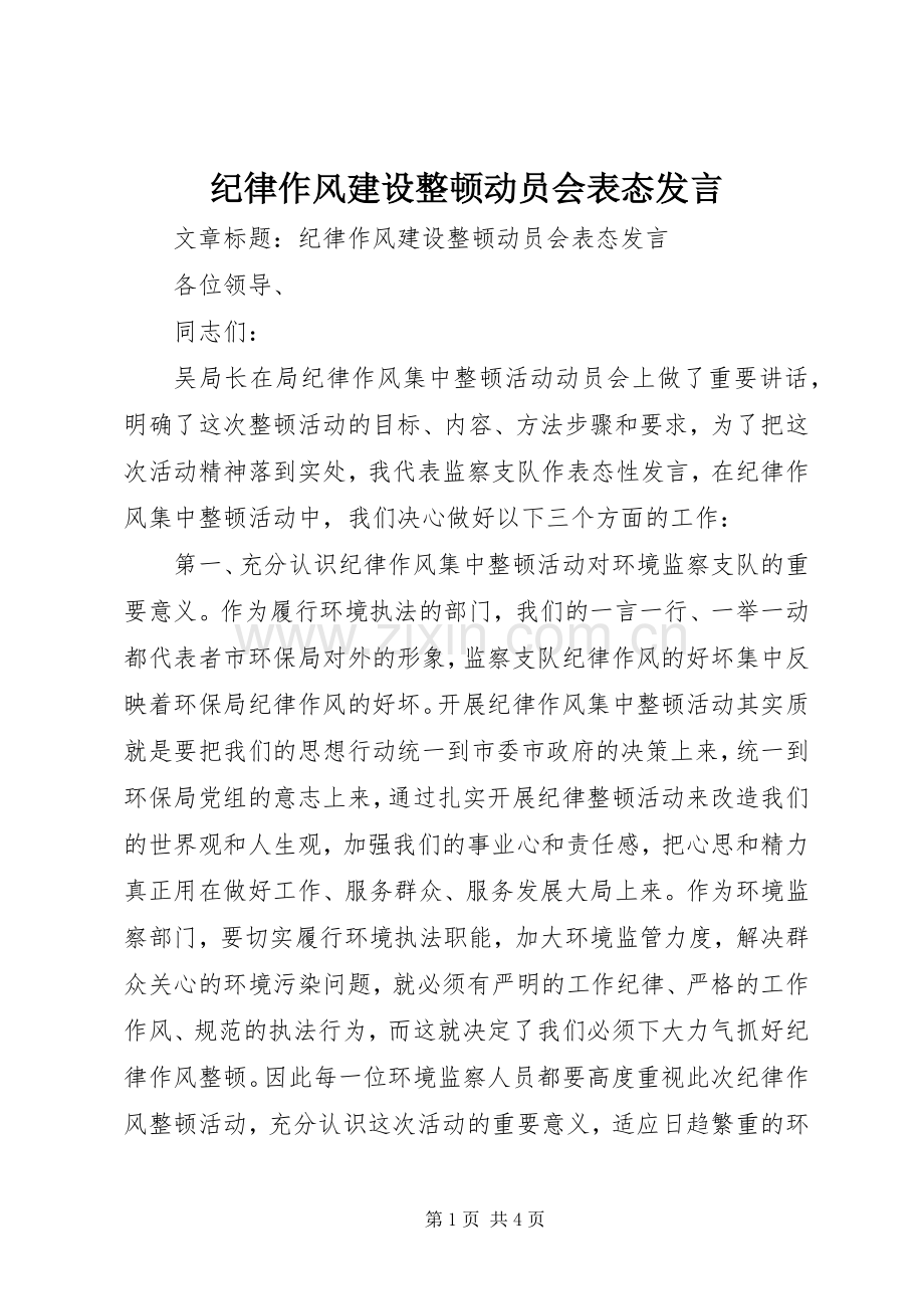 纪律作风建设整顿动员会表态发言稿.docx_第1页