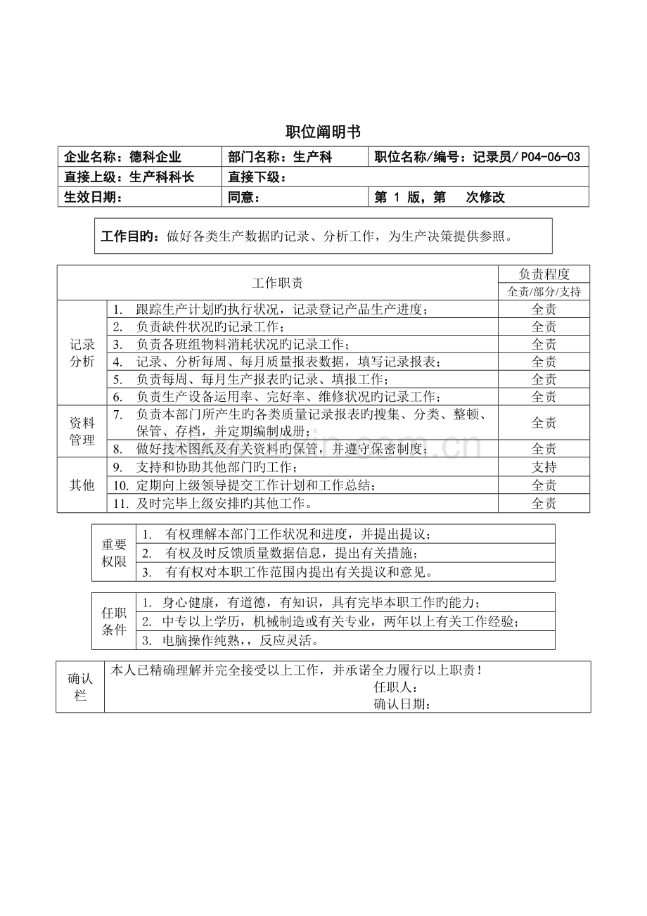 2022年职位说明书生产统计员.doc_第1页