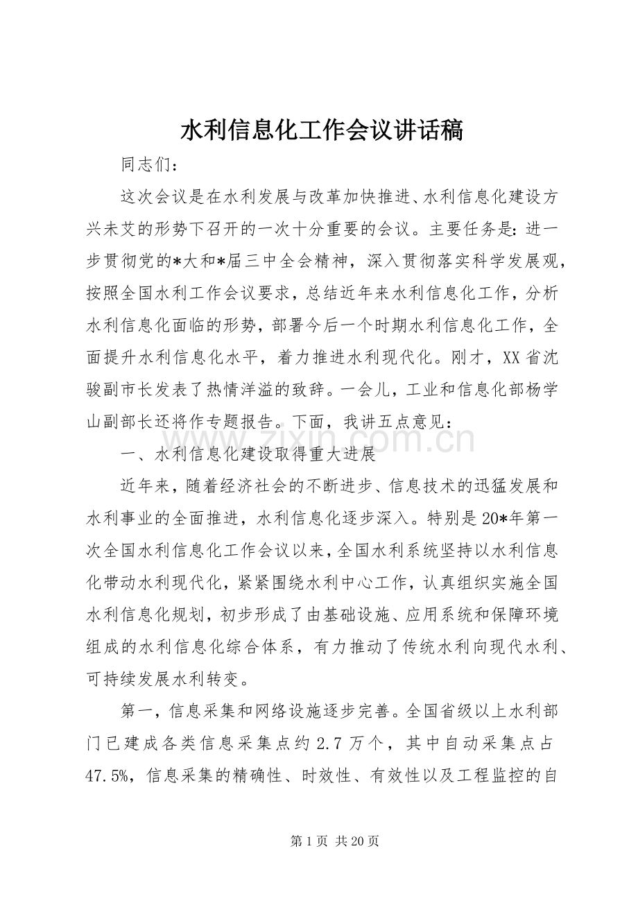 水利信息化工作会议讲话稿.docx_第1页