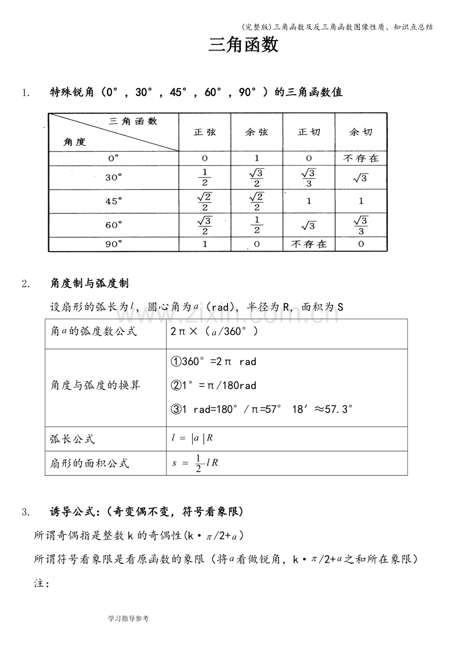 三角函数及反三角函数图像性质、知识点总结.doc_第1页