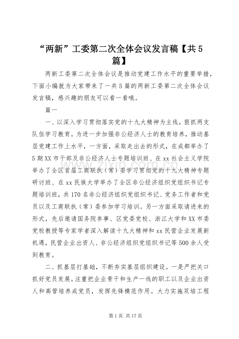 “两新”工委第二次全体会议发言稿范文【共5篇】.docx_第1页