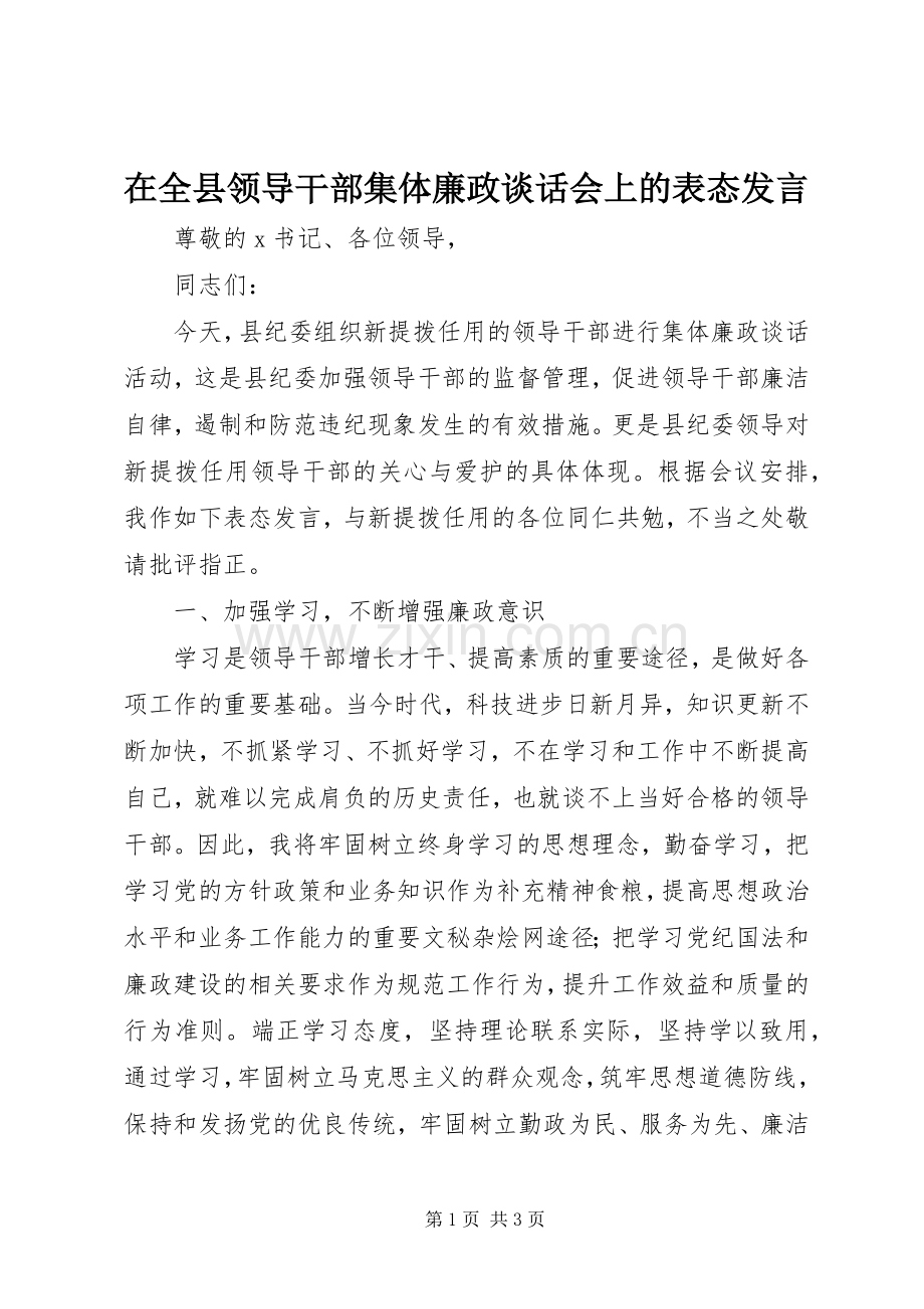 在全县领导干部集体廉政谈话会上的表态发言稿.docx_第1页