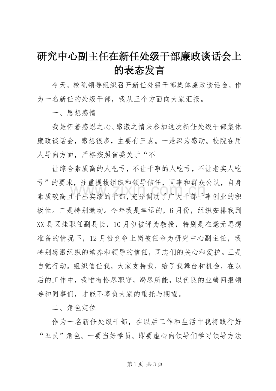 研究中心副主任在新任处级干部廉政谈话会上的表态发言稿.docx_第1页