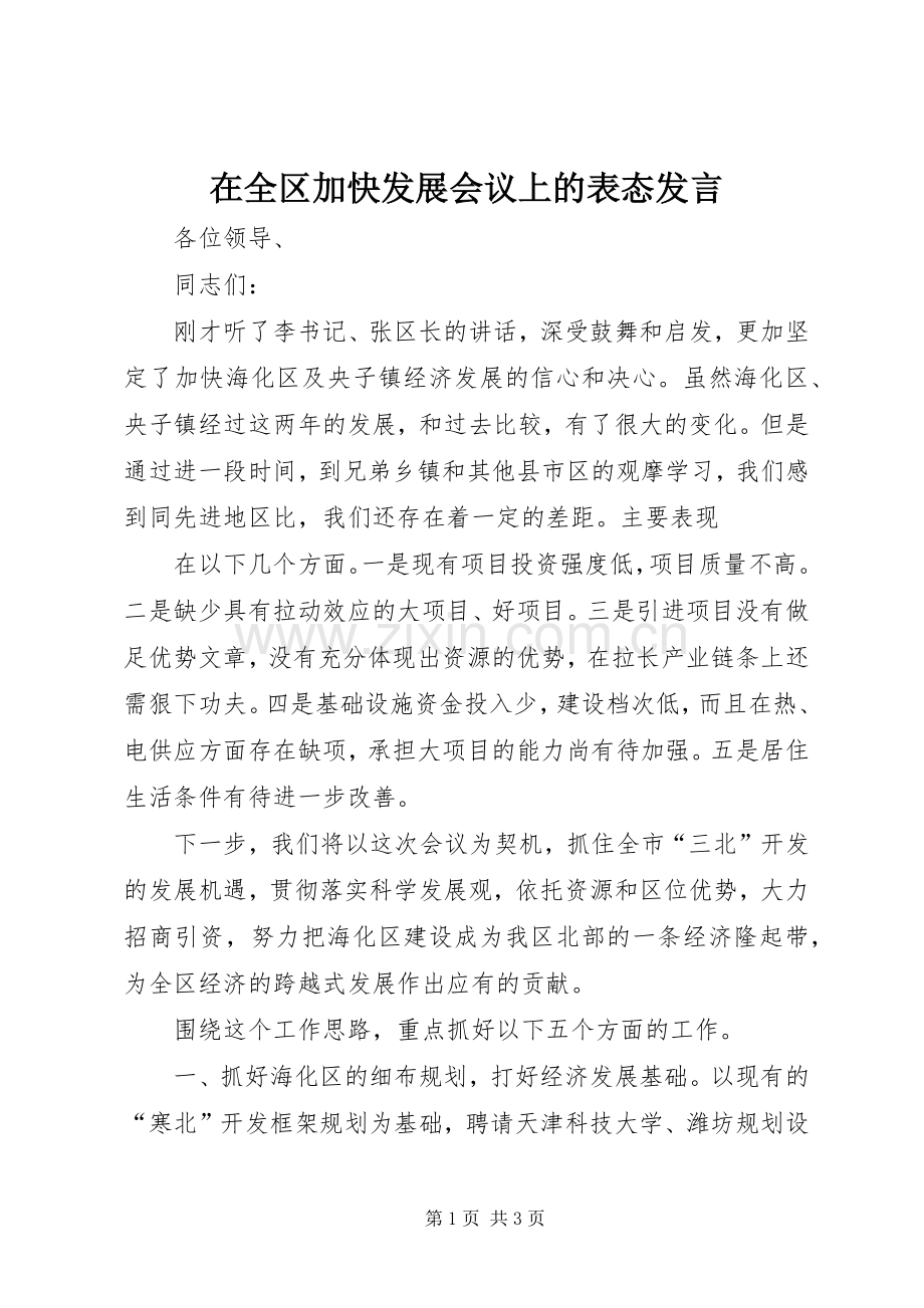 在全区加快发展会议上的表态发言稿.docx_第1页