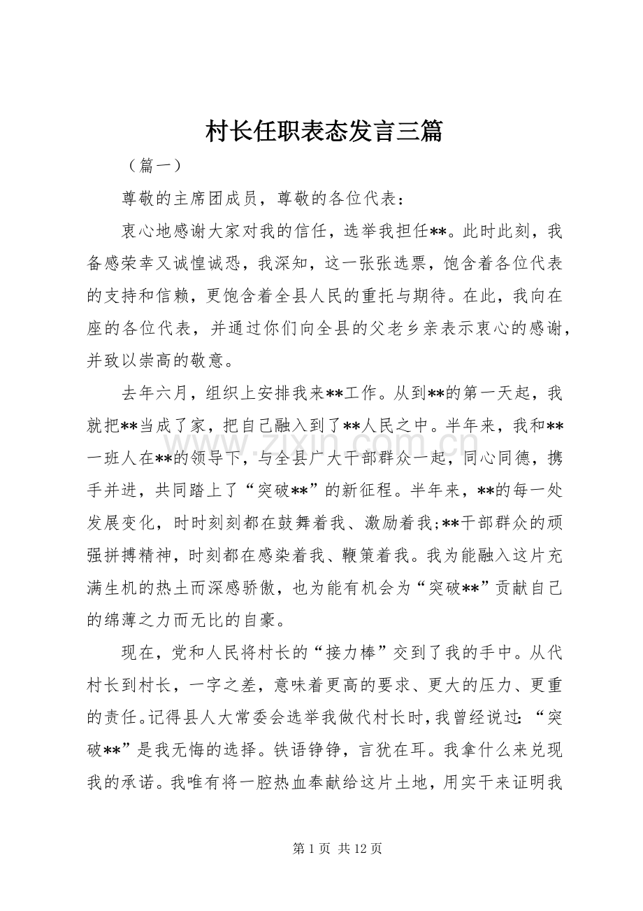 村长任职表态发言稿三篇.docx_第1页