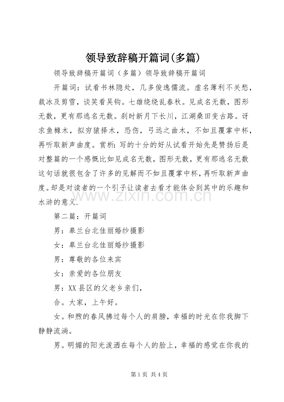 领导演讲致辞稿开篇词(多篇).docx_第1页