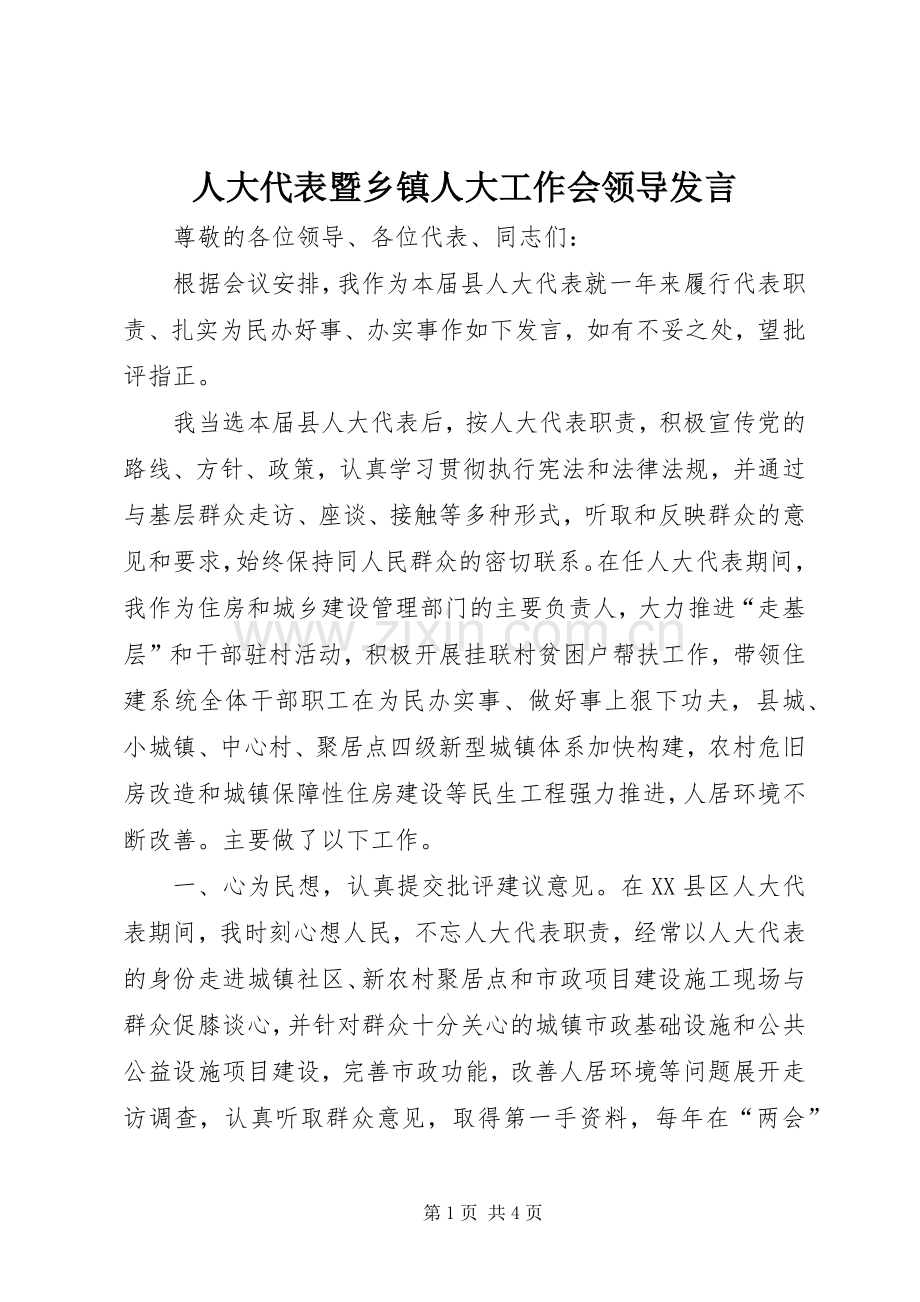 人大代表暨乡镇人大工作会领导发言.docx_第1页