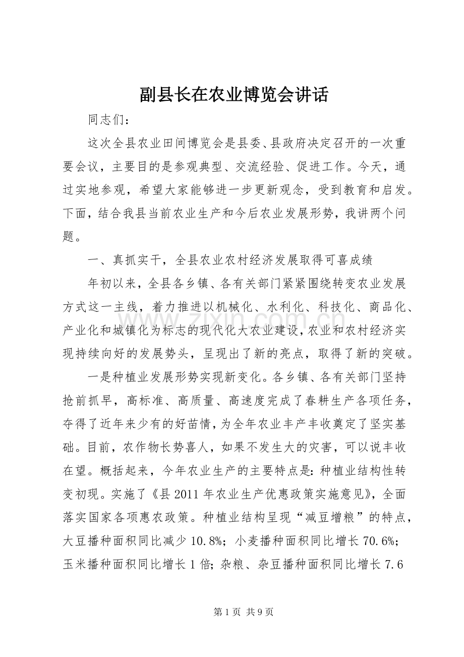 副县长在农业博览会讲话.docx_第1页