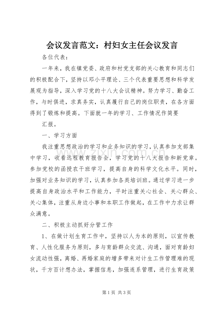 会议发言稿范文：村妇女主任会议发言稿.docx_第1页