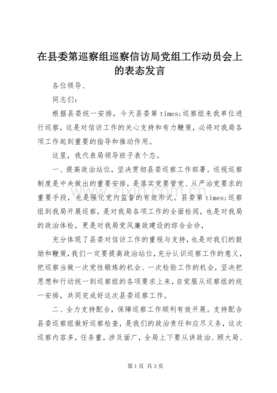 在县委第巡察组巡察信访局党组工作动员会上的表态发言稿.docx_第1页