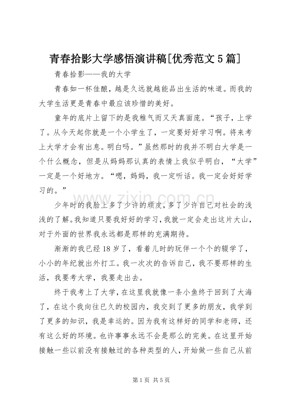 青春拾影大学感悟演讲稿[优秀范文5篇] (2).docx_第1页