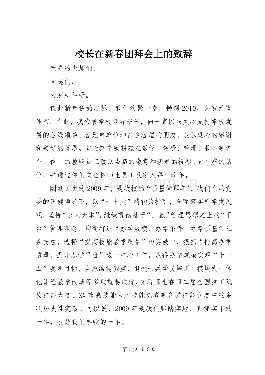 校长在新春团拜会上的演讲致辞.docx_第1页