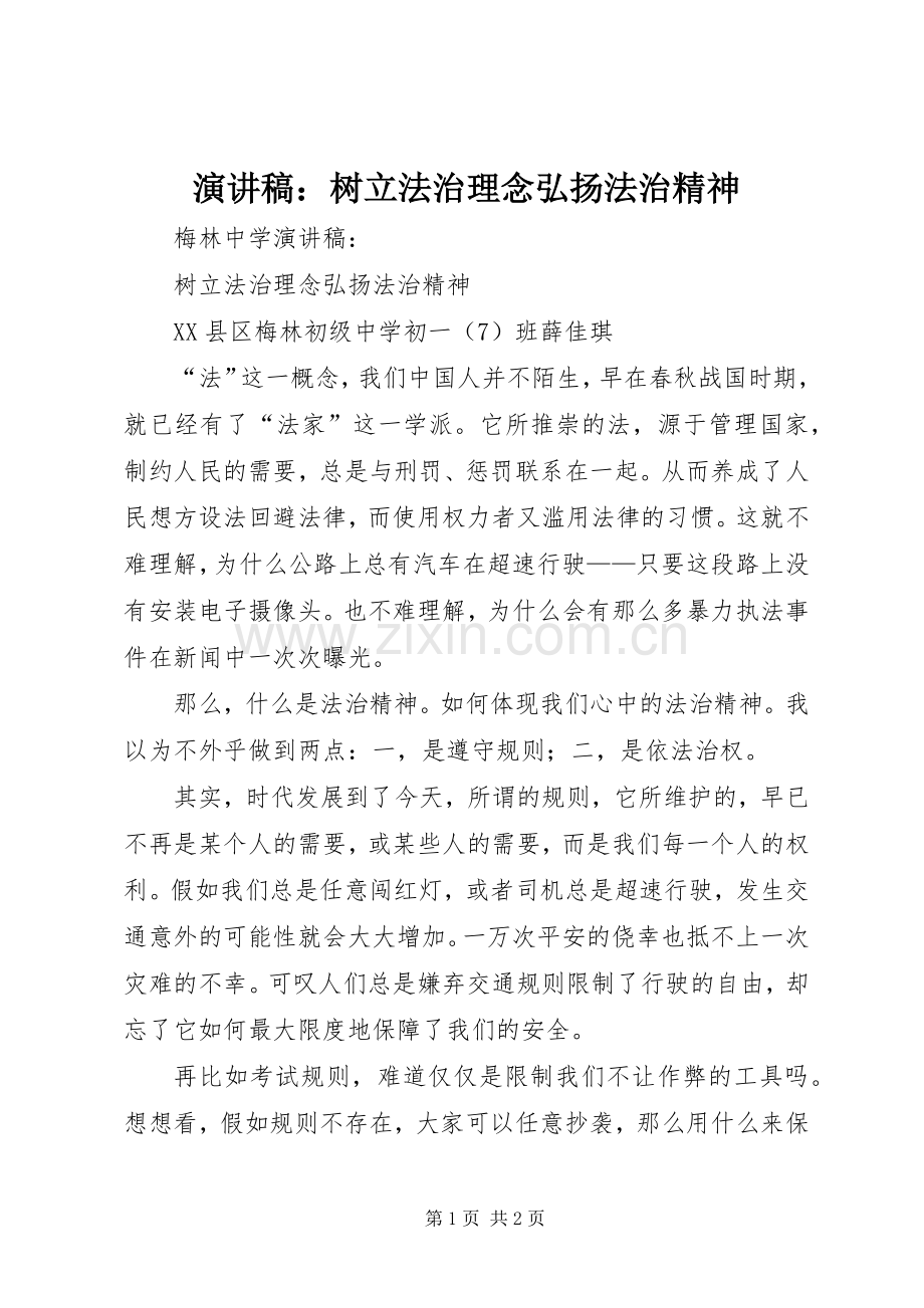 演讲稿：树立法治理念弘扬法治精神.docx_第1页