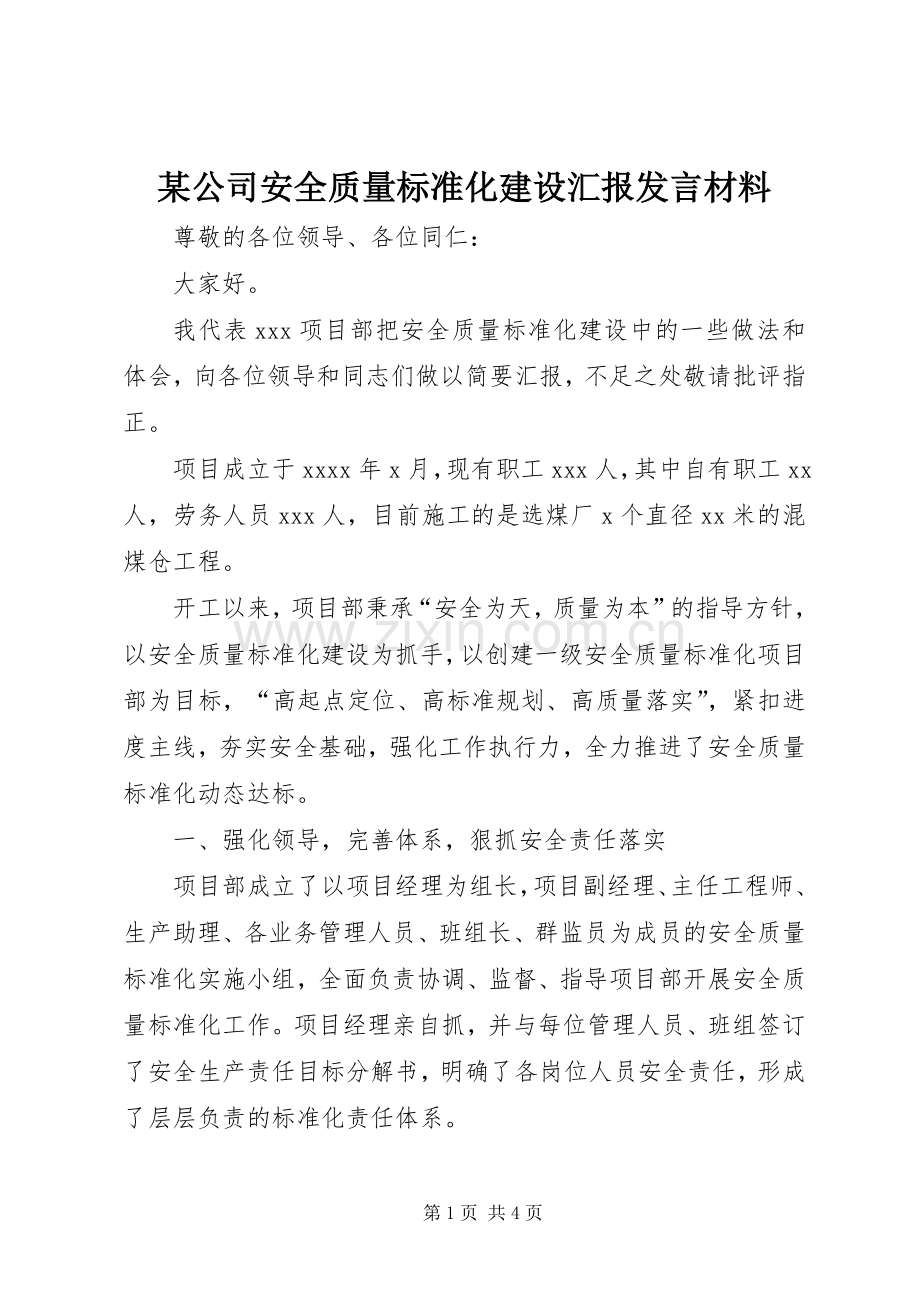 某公司安全质量标准化建设汇报发言材料提纲.docx_第1页