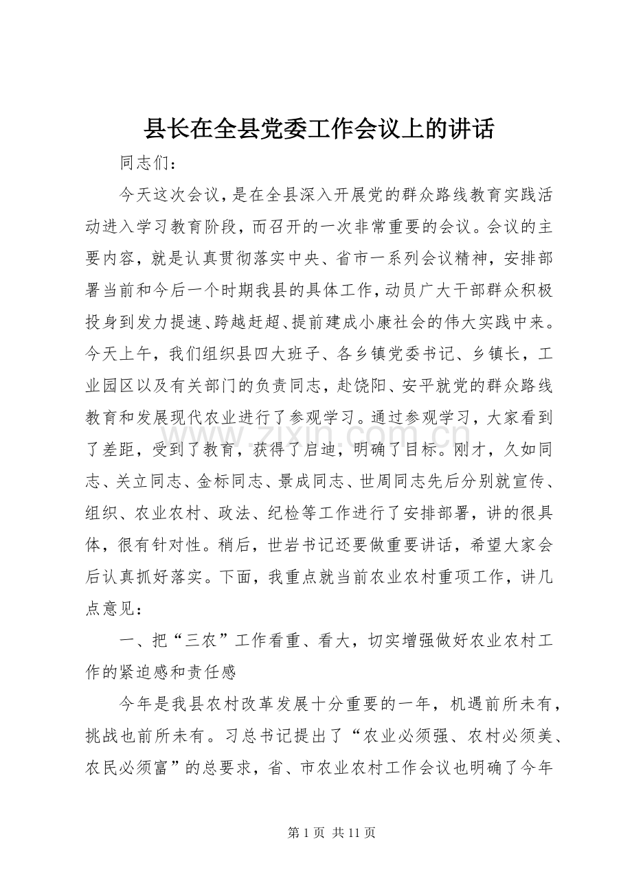 县长在全县党委工作会议上的讲话.docx_第1页