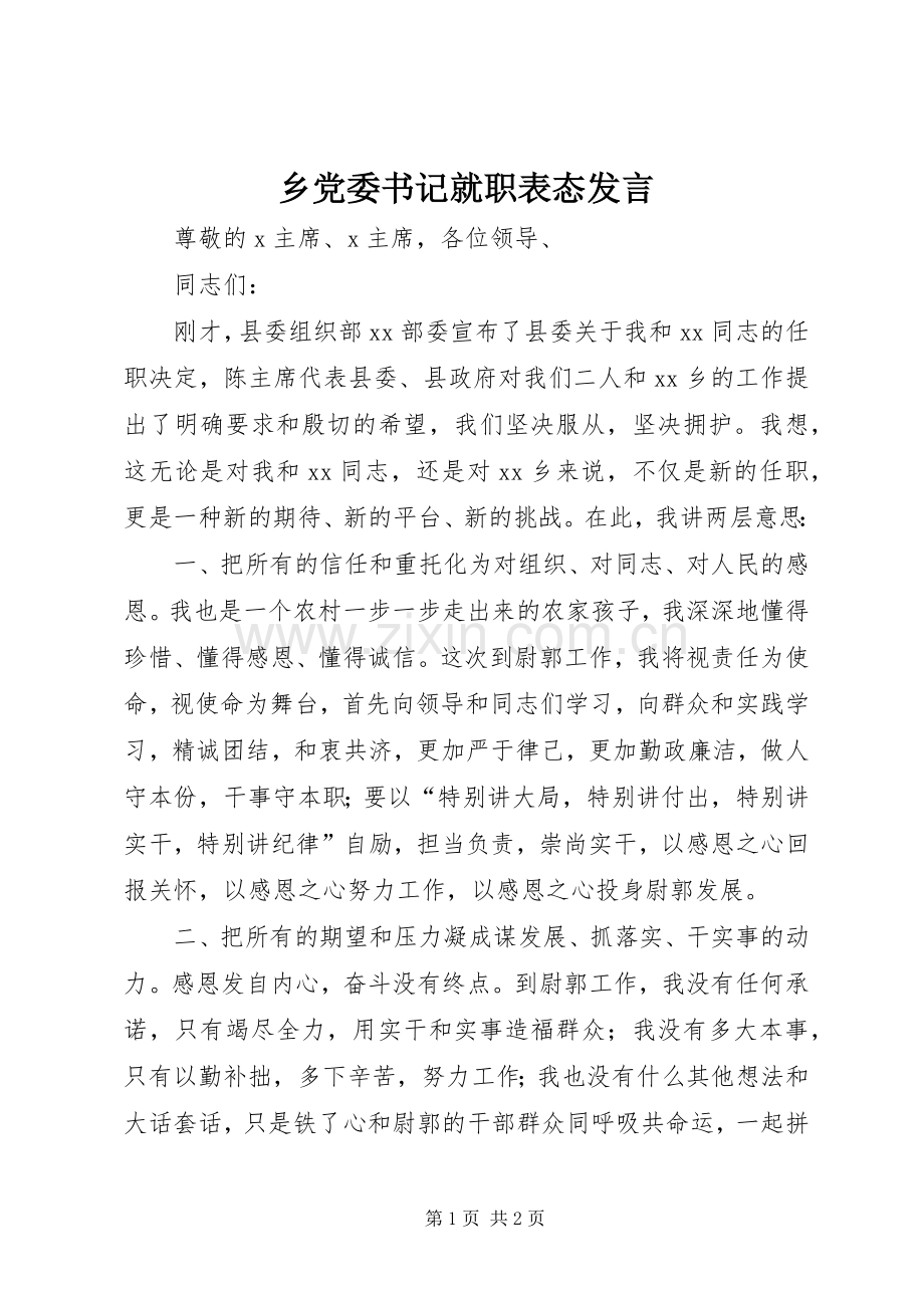 乡党委书记就职表态发言稿.docx_第1页