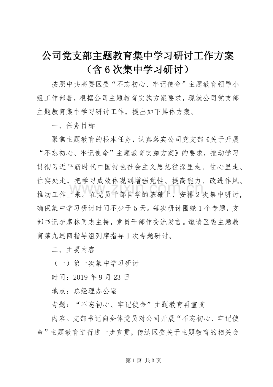 公司党支部主题教育集中学习研讨工作实施方案（含6次集中学习研讨）.docx_第1页