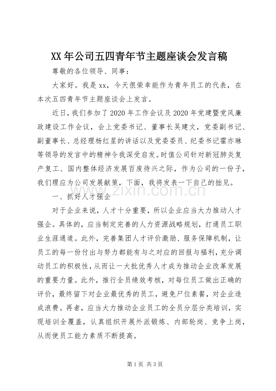 XX年公司五四青年节主题座谈会发言.docx_第1页