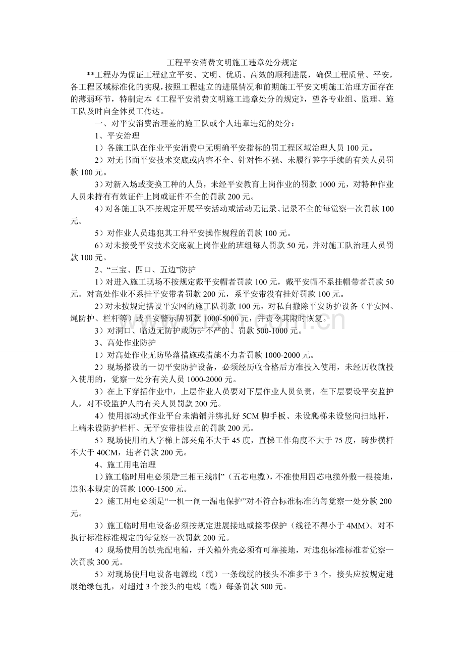 项目安全生产文明施工违章处罚规定.doc_第1页