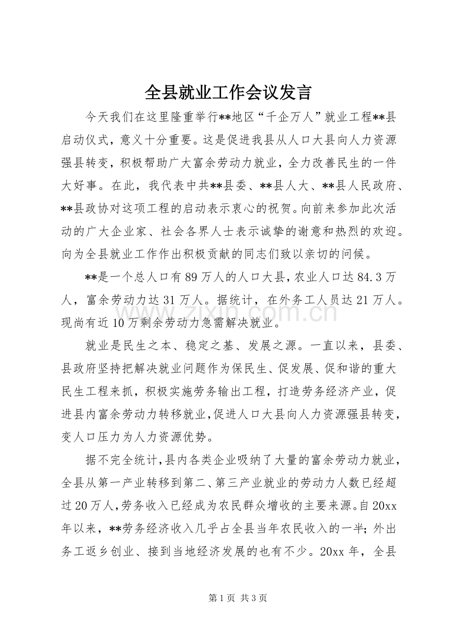 全县就业工作会议发言稿 (2).docx_第1页