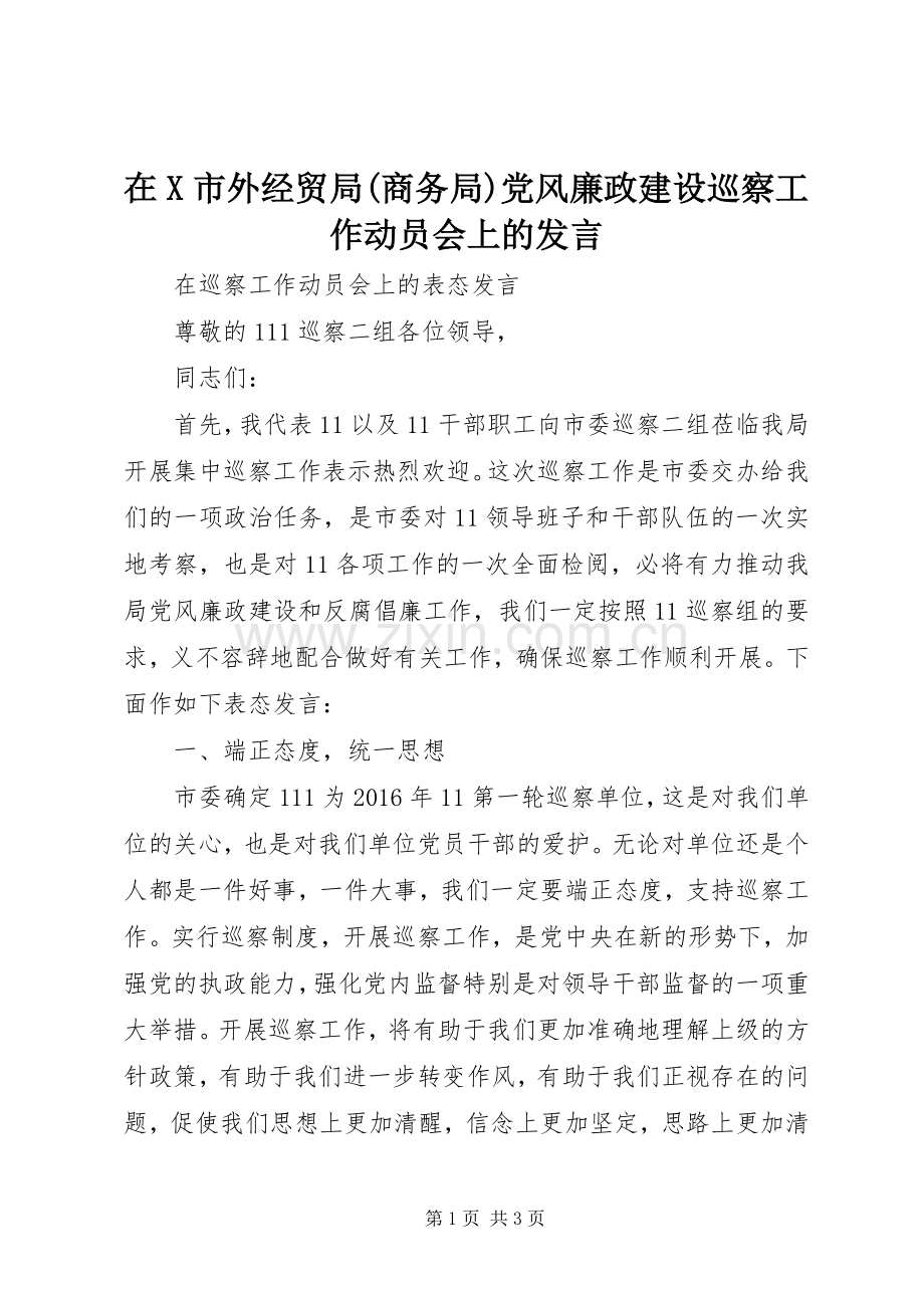 在X市外经贸局(商务局)党风廉政建设巡察工作动员会上的发言稿 (2).docx_第1页