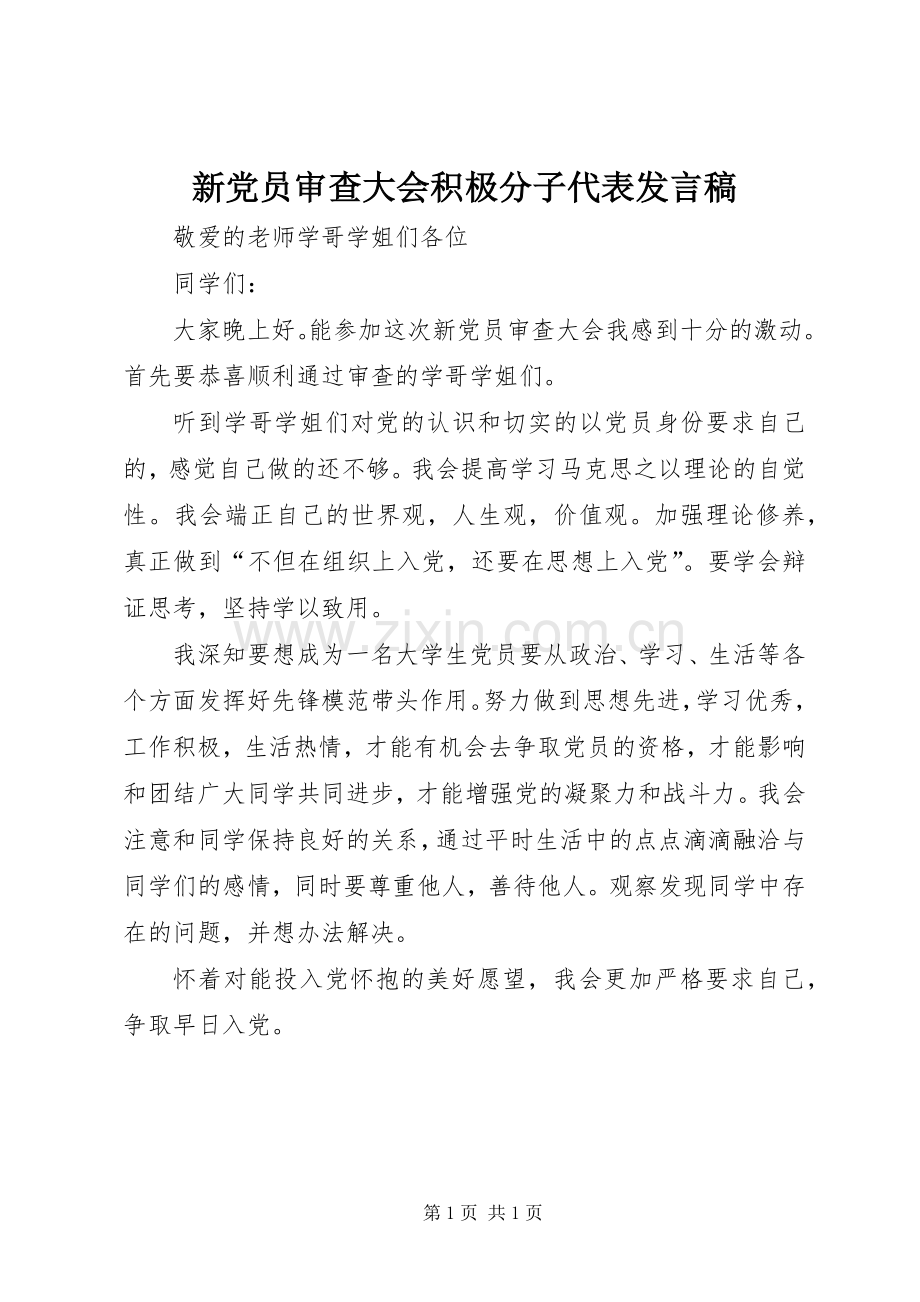 新党员审查大会积极分子代表发言.docx_第1页