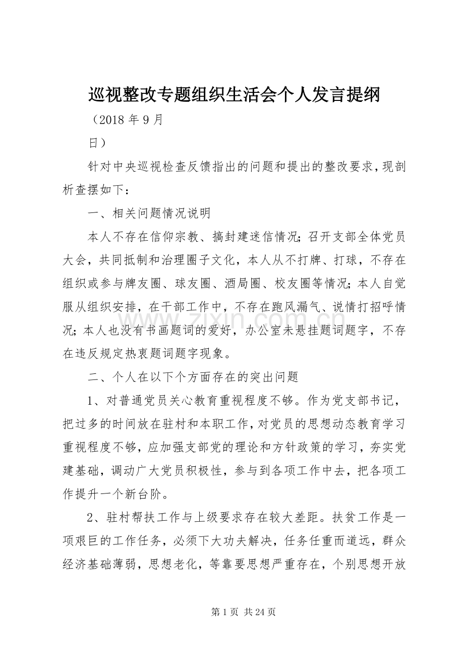 巡视整改专题组织生活会个人发言提纲.docx_第1页