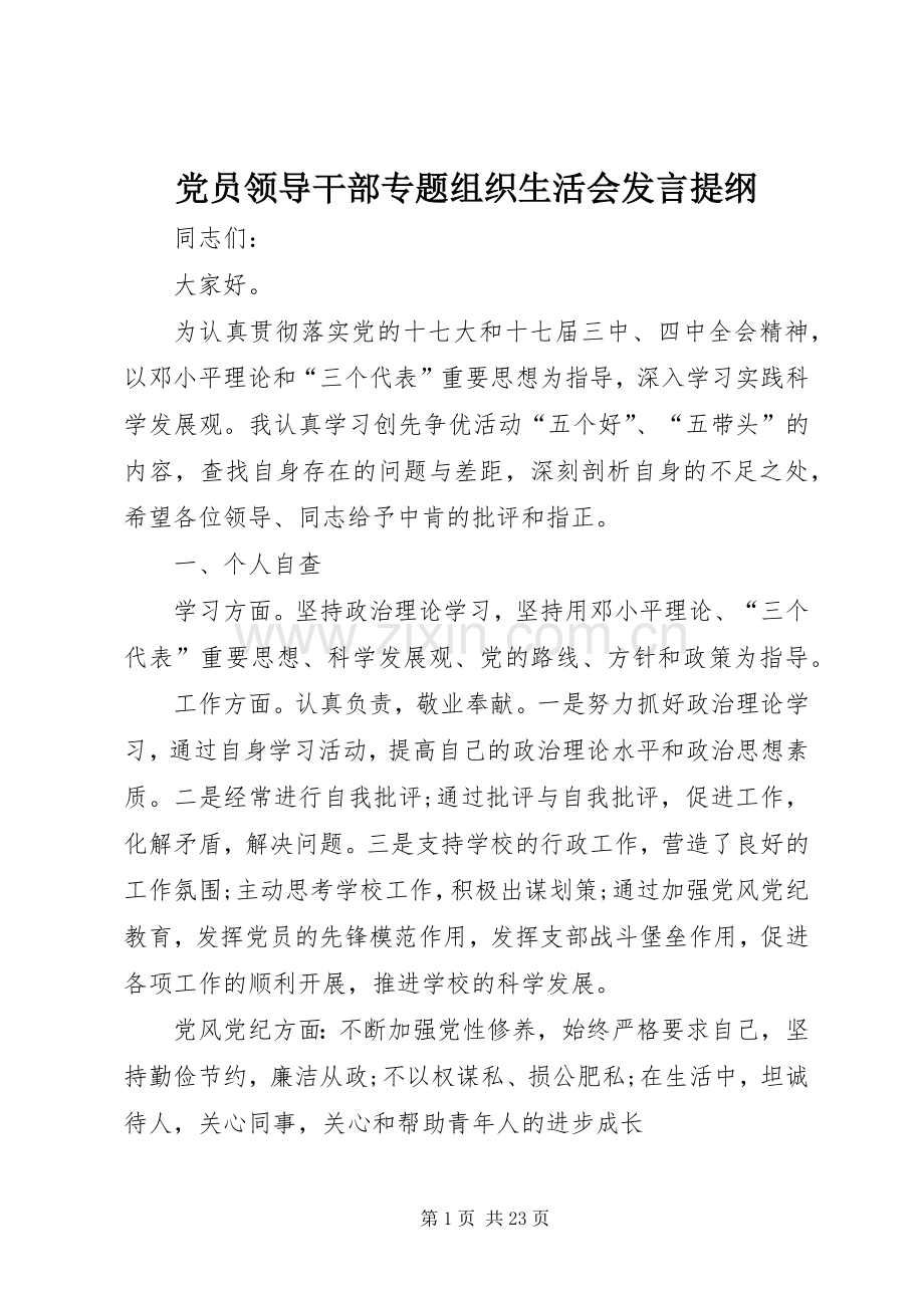 党员领导干部专题组织生活会发言提纲材料.docx_第1页