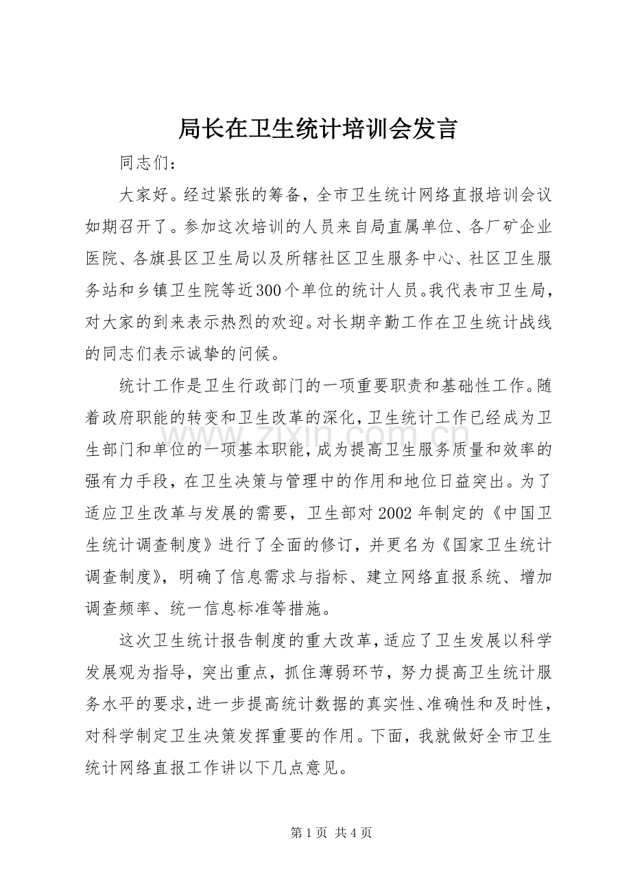 局长在卫生统计培训会发言稿.docx_第1页