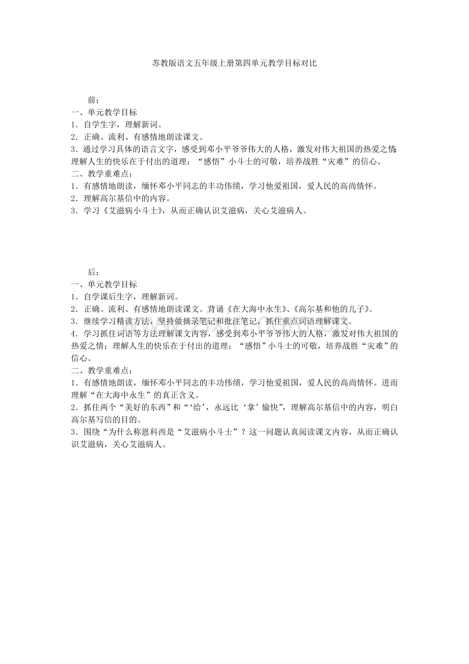 苏教版语文五年级上册第四单元教学目标对比.doc_第1页