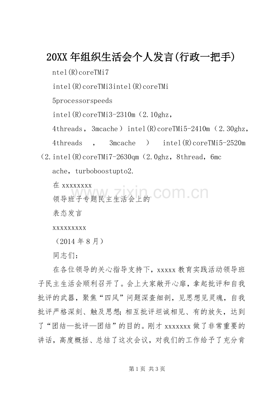 20XX年组织生活会个人发言稿(行政一把手)(4).docx_第1页