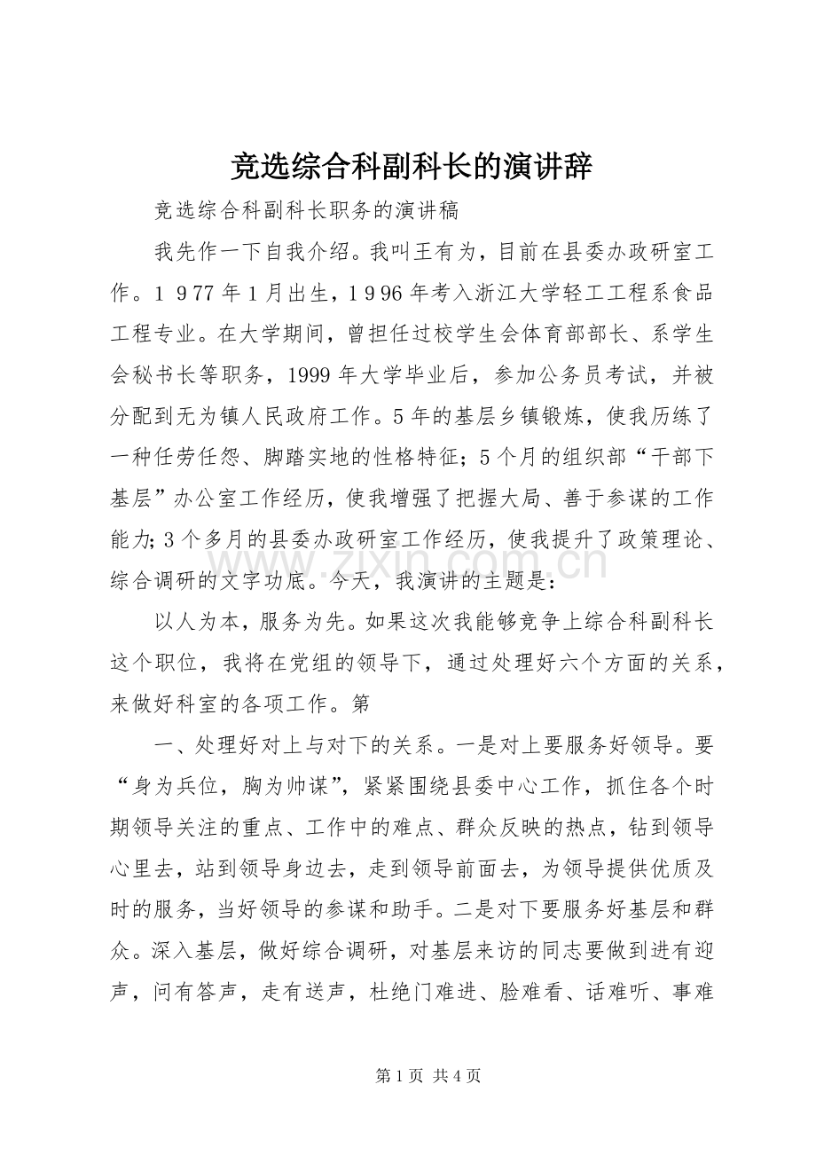 竞选综合科副科长的演讲辞.docx_第1页