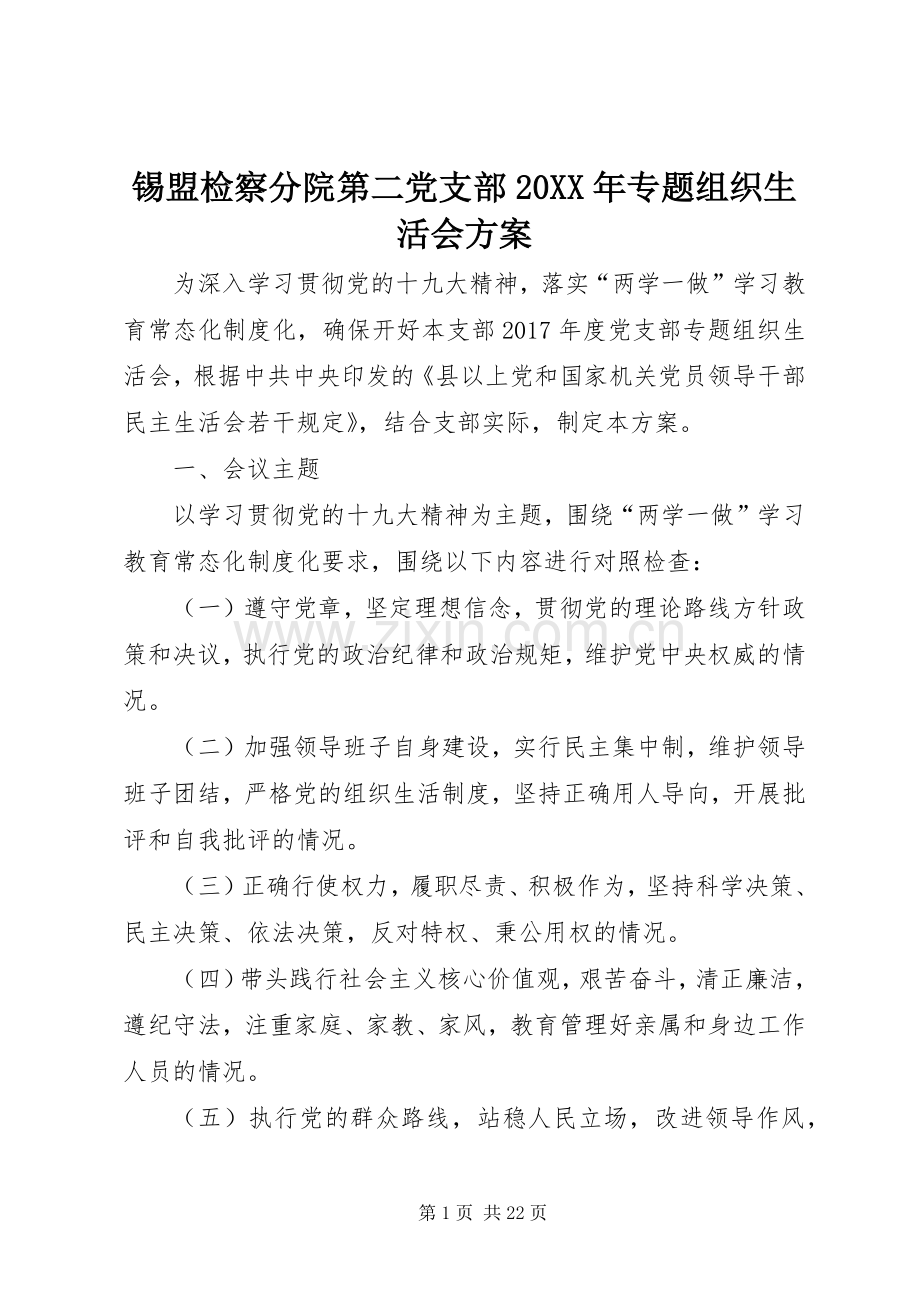 锡盟检察分院第二党支部20XX年专题组织生活会实施方案.docx_第1页