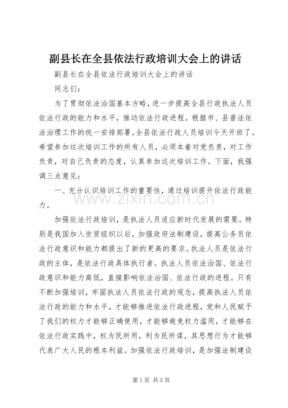 副县长在全县依法行政培训大会上的讲话.docx_第1页