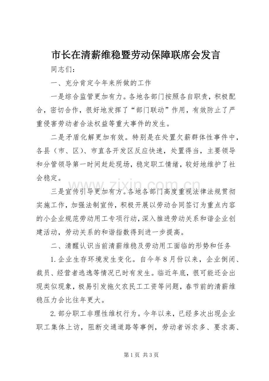 市长在清薪维稳暨劳动保障联席会发言稿.docx_第1页