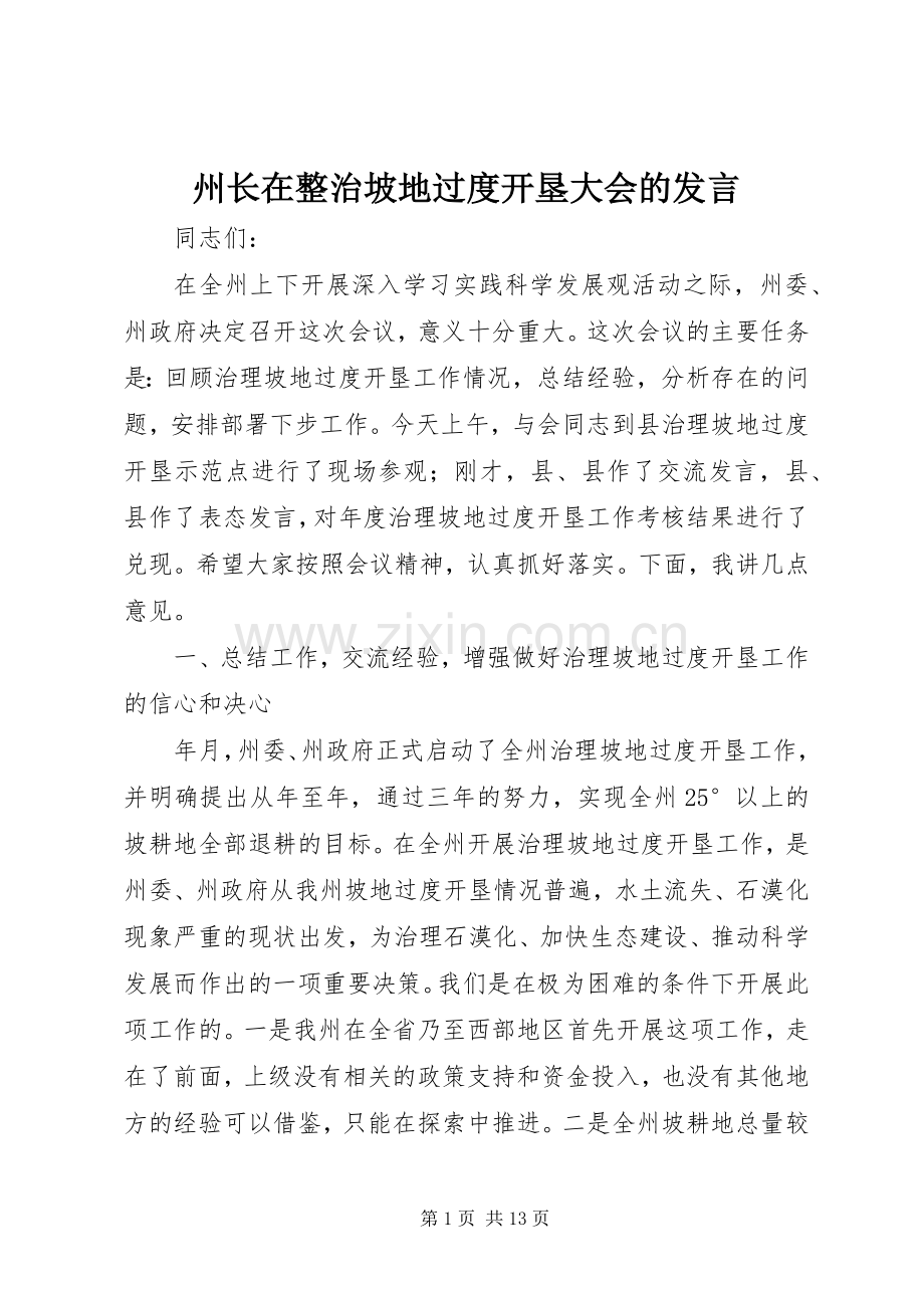 州长在整治坡地过度开垦大会的发言稿.docx_第1页