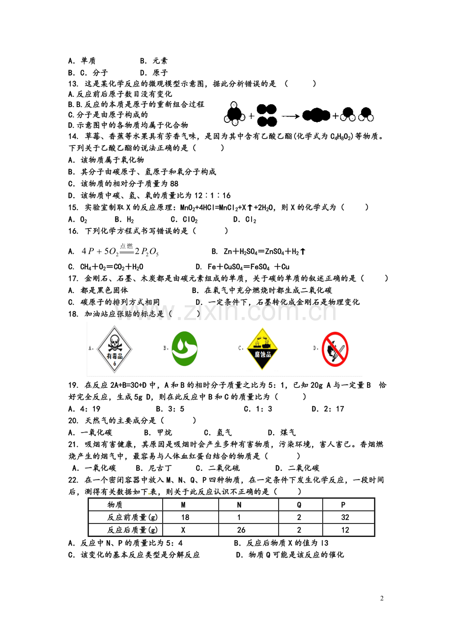 九年级上学期化学期末测试题1.doc_第2页