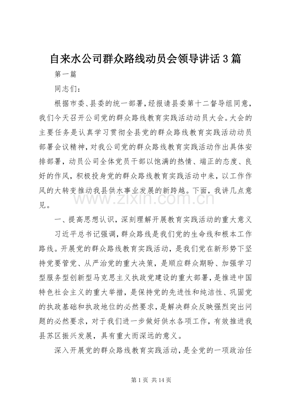 自来水公司群众路线动员会领导讲话3篇.docx_第1页