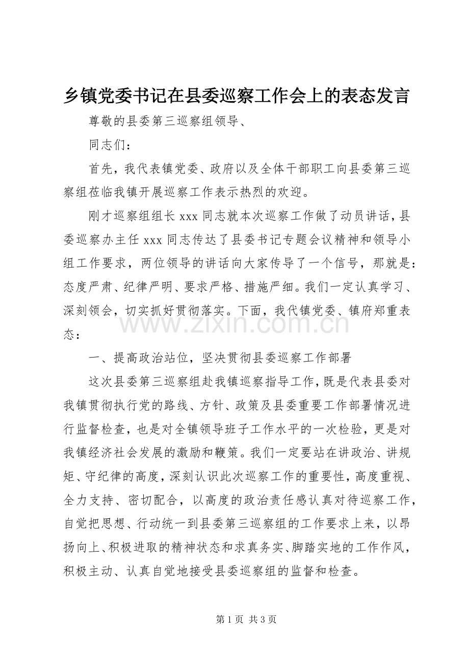 乡镇党委书记在县委巡察工作会上的表态发言稿.docx_第1页