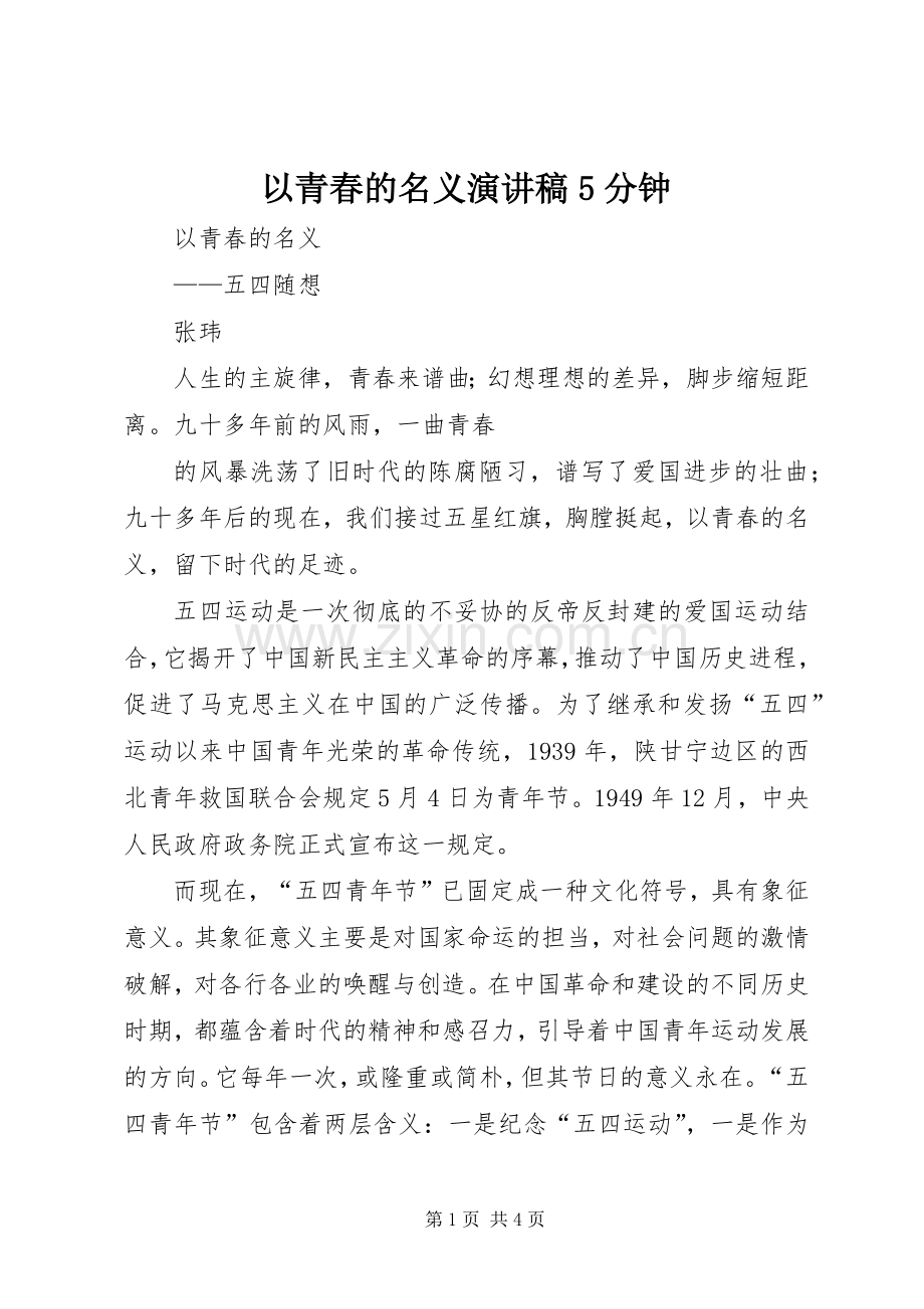 以青春的名义演讲稿5分钟(5).docx_第1页