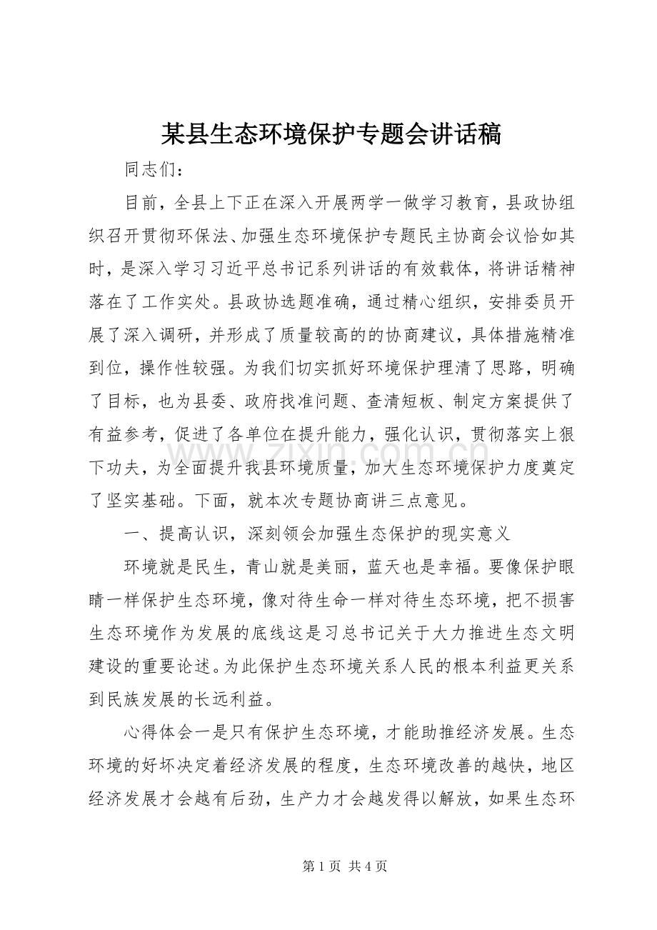 某县生态环境保护专题会讲话稿.docx_第1页